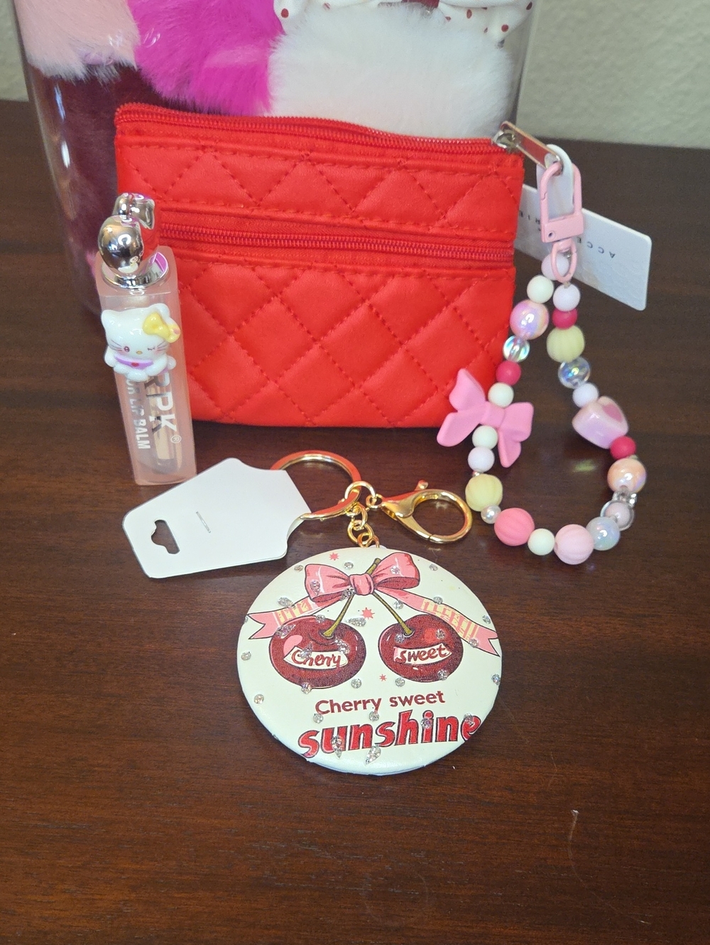 Red Quilted Coin Purse with Cherry Compact Keychain, HK Pink Lipstick & Wristlet